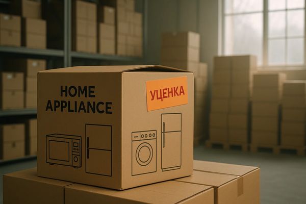 Картонная коробка с бытовой техникой и ярлыком «уценка» на складе — иллюстрация нового раздела Avito с товарами по сниженным ценам