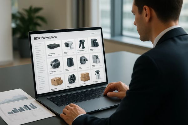 Бизнесмен использует B2B-маркетплейс для оформления оптовой закупки через ноутбук