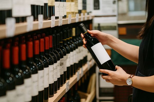 Покупатель выбирает бутылку вина на полке магазина — рост интереса к безалкогольным винам в России