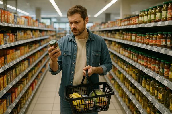 Покупатель в супермаркете рассматривает продукт на фоне полок — иллюстрация осознанного потребления и сдержанного спроса в 2025 году