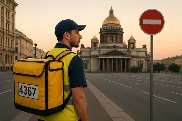 Курьер с термосумкой и идентификационным номером на фоне Исаакиевского собора в Санкт-Петербурге у дорожного знака «проезд запрещён»