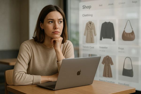 Женщина с ноутбуком в кафе обдумывает покупку на сайте fashion-ресейл платформы — символ осознанного цифрового потребления