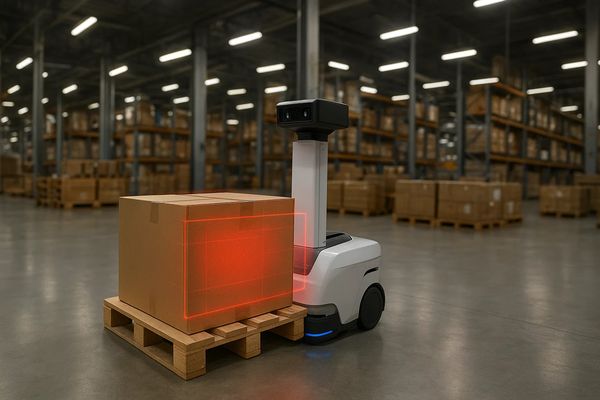 Складской робот Gauss от Ozon измеряет габариты коробки с помощью встроенных сенсоров в автоматизированном логистическом центре