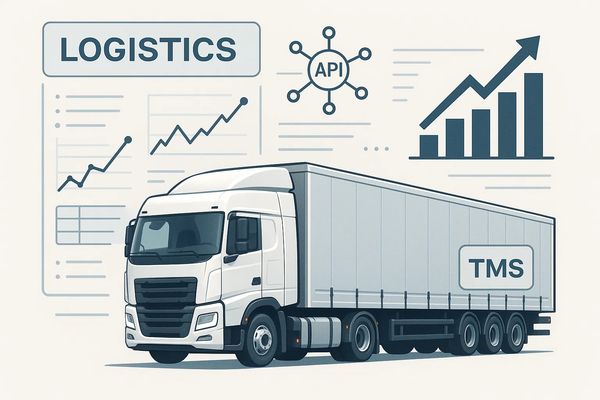 Инфографика с грузовиком и иконками TMS, API и логистических метрик — символизирует цифровую интеграцию транспортной системы в логистике