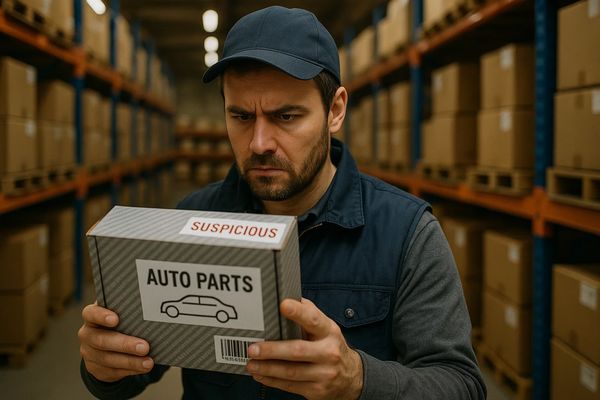 Сотрудник склада внимательно осматривает коробку с подозрительными автозапчастями на фоне стеллажей с продукцией — иллюстрация проблемы контрафакта в e-commerce.