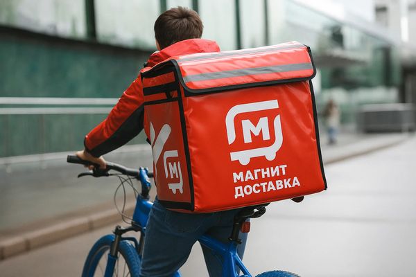 Курьер «Магнит Доставка» на велосипеде с термоконтейнером во время доставки онлайн-заказа в городских условиях