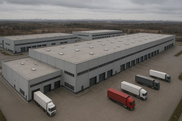 Современные складские терминалы в Подмосковье с фурами на погрузке — иллюстрация к материалу об уровне вакансии на рынке складской недвижимости в 2025 году
