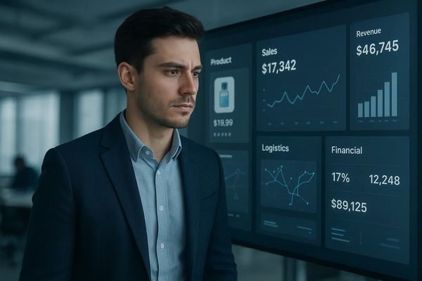 Мужчина в деловом костюме анализирует цифровую панель с графиками продаж, логистики и финансовых показателей — символ новых вызовов в электронной торговле и работы селлера на маркетплейсе