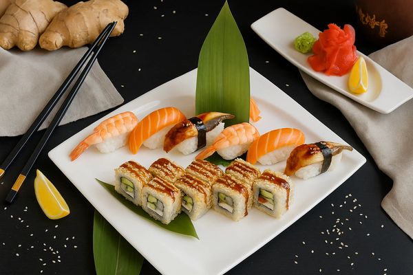 Сет суши и роллов на белой тарелке — традиционная японская кухня