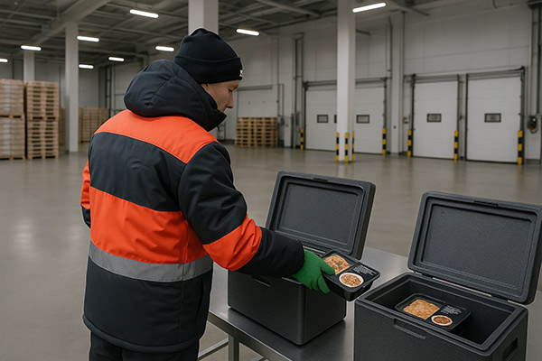 Сотрудник логистического центра X5 Group размещает замороженные готовые блюда в термоконтейнеры на складе. Индустриальный интерьер, упаковка продукции СТМ, холодовая логистика.