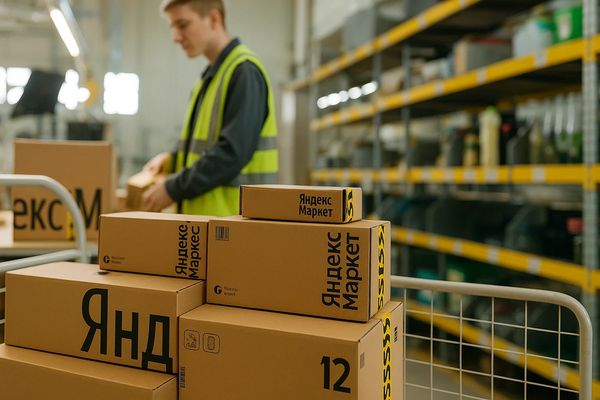 Сотрудник склада Яндекс Маркета сортирует коробки с мультипоставкой на фоне стеллажей