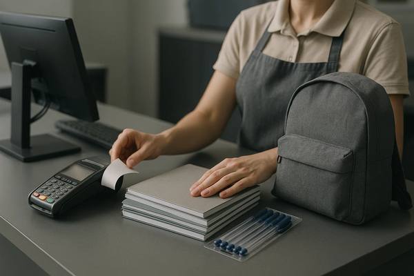Касса магазина школьных товаров: продавец пробивает покупку — стопка тетрадей, набор ручек и серый рюкзак, POS-терминал печатает чек