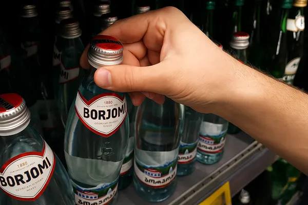 Покупатель берёт бутылку минеральной воды «Боржоми» с магазинной полки
