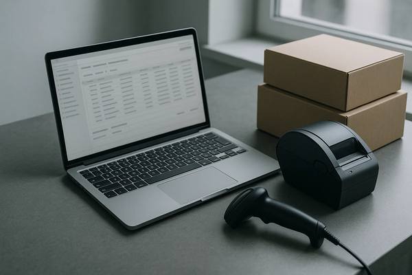 Рабочее место e-commerce: ноутбук с системой управления заказами, термопринтер этикеток и сканер штрих-кодов рядом с коробками — D2C-логистика МСП