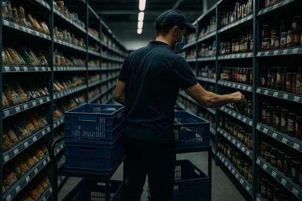 Сборщик e-grocery комплектует заказ в тёмном магазине: стеллажи с товарами и пластиковые лотки на тележке — процесс сборки