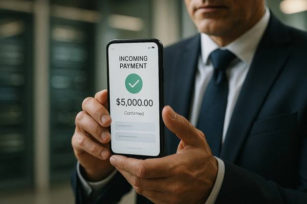 Бизнесмен показывает смартфон с подтверждением входящего международного платежа — оплата экспорта через платёжного агента.