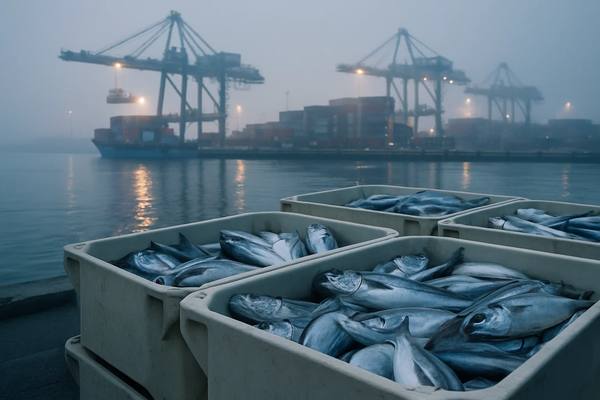 Контейнеры со свежевыловленной рыбой в морском порту на фоне контейнерных кранов и судов, утренний туман, экспорт российской рыбы