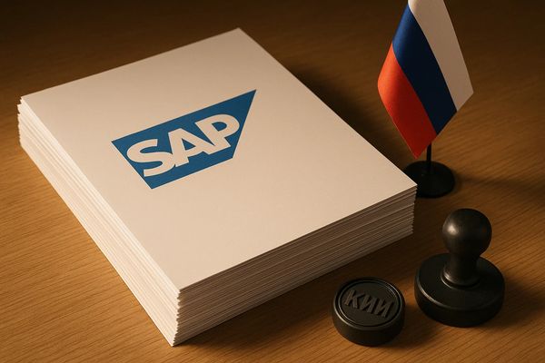 Стопка документов с логотипом SAP, печать «КИИ» и флаг России — символ государственного контроля над ERP-системами