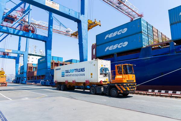 Контейнер Dalreftrans на терминале FESCO в порту, загрузка охлаждённой продукции для экспорта в Китай