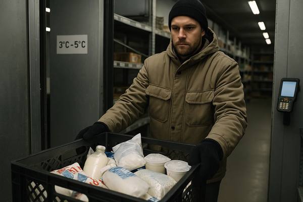 Сотрудник даркстора в холодильной камере 3–5 °C везёт ящик с молочной продукцией — холодная цепь e-grocery и логистика доставки