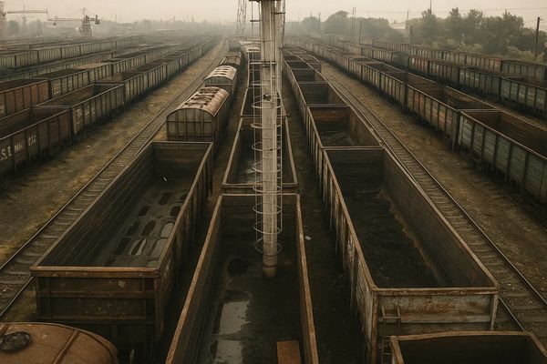 Заброшенные железнодорожные пути с пустыми грузовыми вагонами на станции, символизирующие рост незадействованного парка вагонов в России в 2025 году