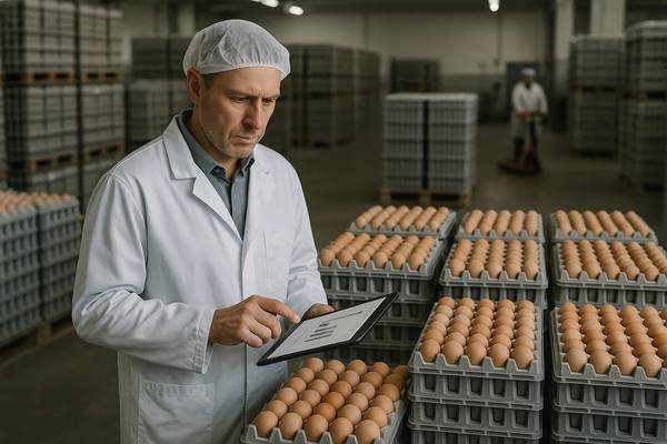 Сотрудник птицефабрики проводит инвентаризацию яиц категории С на складе с использованием планшета
