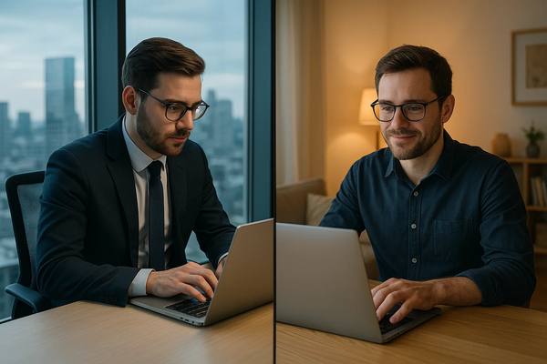 Сравнение офисной и удалённой работы: два ИТ-специалиста работают за ноутбуками — один в офисе с панорамным видом, другой дома в уютной обстановке