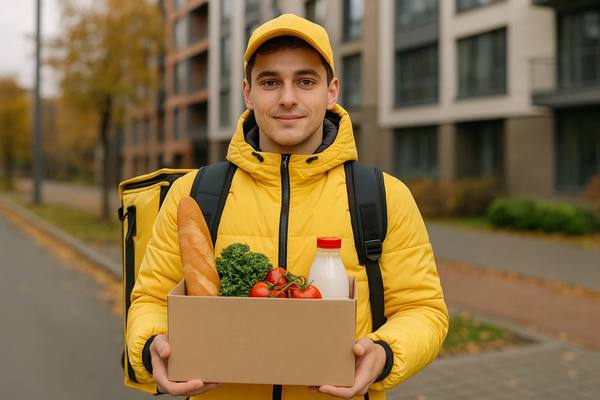 Курьер в жёлтой форме с коробкой продуктов — багет, молоко, свежие овощи — доставка продуктов на дом в городской район