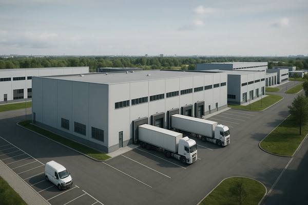Современный комплекс light industrial с грузовыми терминалами и фурами на территории логистического парка в Санкт-Петербурге