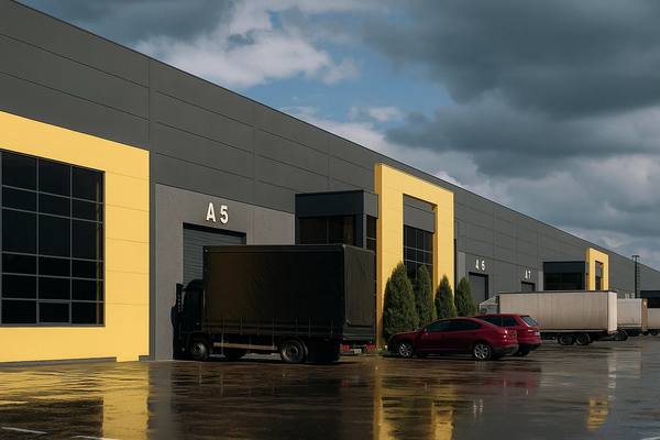 Фасады складских помещений формата light industrial с погрузочной зоной и грузовыми автомобилями на фоне пасмурного неба в Санкт-Петербурге