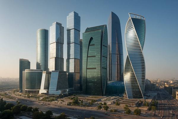 Панорамный вид на башни делового центра «Москва-Сити» в утреннем свете, Москва, Россия
