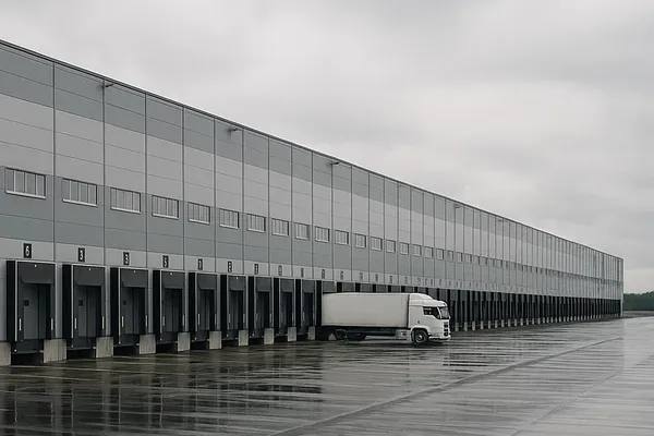 Складской комплекс класса A в Московском регионе: длинная линия погрузочных доков, грузовик у ворот, мокрый асфальт после дождя — иллюстрация к материалу о снижении ставок аренды.