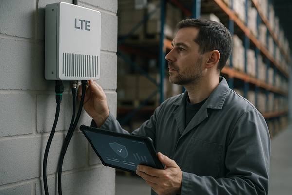 Инженер на складе проверяет LTE-базовую станцию частной сети; в руке планшет с дашбордом безопасности pLTE