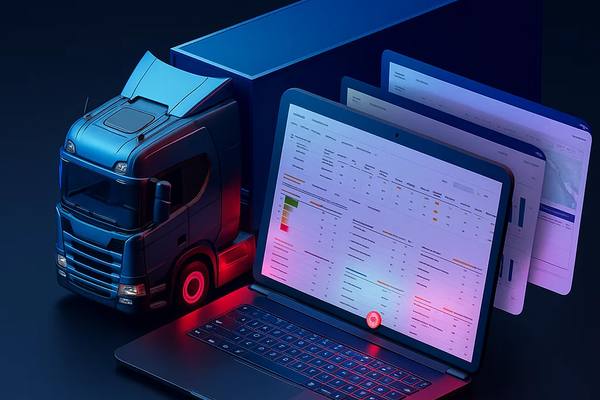 Цифровая платформа управления автопарком с ноутбуком и моделью грузовика, отражающая автоматизацию и телематику в логистике