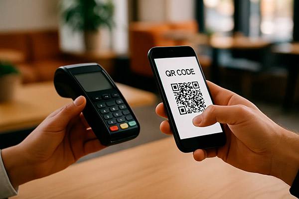 Сканирование QR-кода на смартфоне для оплаты покупки в магазине с помощью терминала
