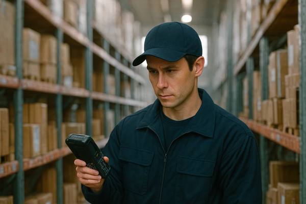 Сотрудник склада в униформе использует терминал сбора данных на фоне стеллажей с коробками — цифровизация логистики и рост востребованности складского персонала