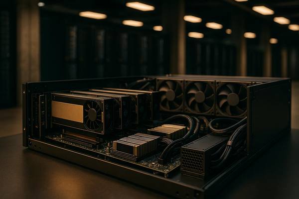 Высокопроизводительный сервер с GPU-ускорителями и системой охлаждения на фоне дата-центра, иллюстрирует тренд роста цен и перехода на ИИ-инфраструктуру в 2025 году