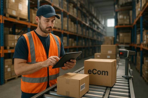 Сотрудник склада e-commerce сканирует посылки с помощью планшета на автоматической линии сортировки — символ роста онлайн-торговли и логистической инфраструктуры в России
