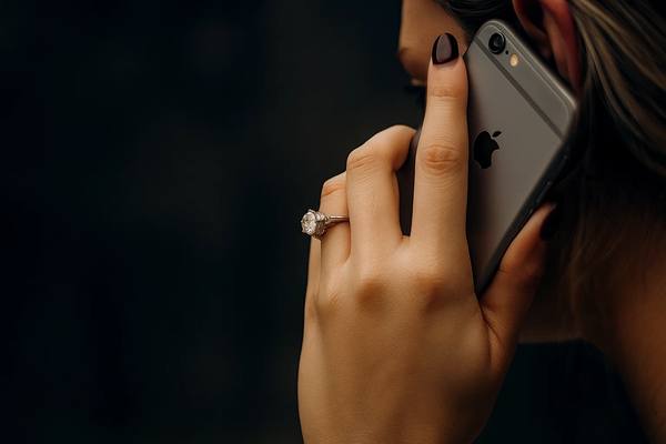 Женщина держит смартфон у уха во время разговора, символизируя стресс от незапланированного звонка