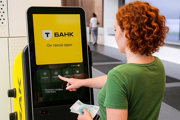 Клиентка использует банкомат Т-Банка с функцией наличных и самообслуживания — расширение сети банкоматов по всей России
