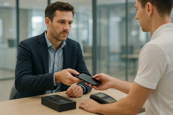 Покупатель передает смартфон консультанту по программе trade-in в салоне связи; на столе коробка нового телефона и POS-терминал