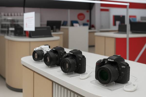 Витрина с цифровыми фотоаппаратами Nikon и Canon в магазине электроники