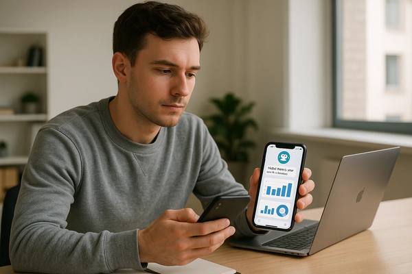 Предприниматель использует чат-бот WBot для аналитики продаж маркетплейса Wildberries на смартфоне, сидя за рабочим столом с ноутбуком — цифровизация e-commerce в действии