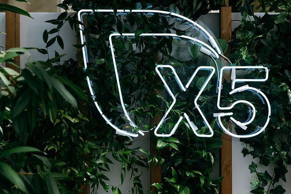 Логотип X5 Group на фоне зелёных растений — символ устойчивого развития и роста ритейл-компании