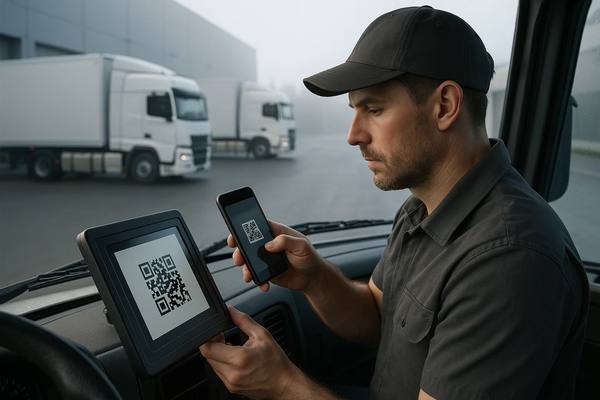 Водитель грузовика «Авто-ПЭК» использует цифровую систему с QR-кодом для быстрого выхода в рейс на фоне логистического центра