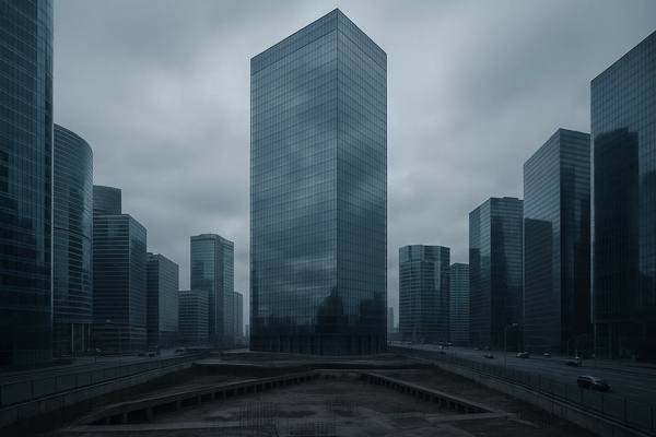 Высотные офисные здания в деловом центре Москвы на фоне пасмурного неба, в центре — пустующая строительная площадка, символ замершего девелопмента