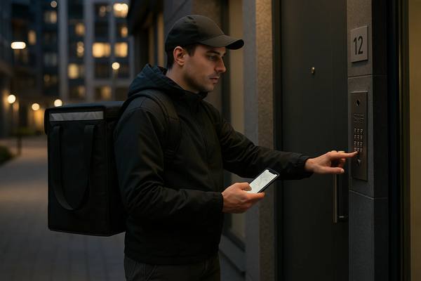 Курьер службы доставки с термосумкой у двери клиента — последний этап доставки еды в формате экспресс-логистики