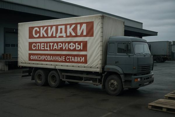 Грузовик на территории логистического терминала с баннером «Скидки, спецтарифы, фиксированные ставки» — отражение ценовой конкуренции и борьбы за выживание на рынке грузоперевозок в России