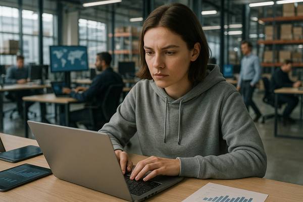 Сотрудница работает за ноутбуком в логистическом офисе