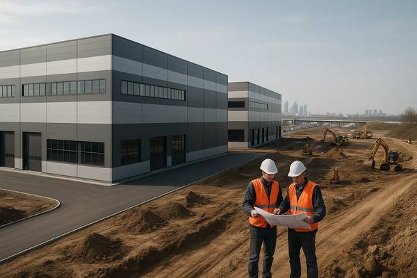 Инженеры с чертежами на фоне строящегося индустриального парка Light Industrial в Подмосковье — символ активного роста логистической инфраструктуры в 2025 году